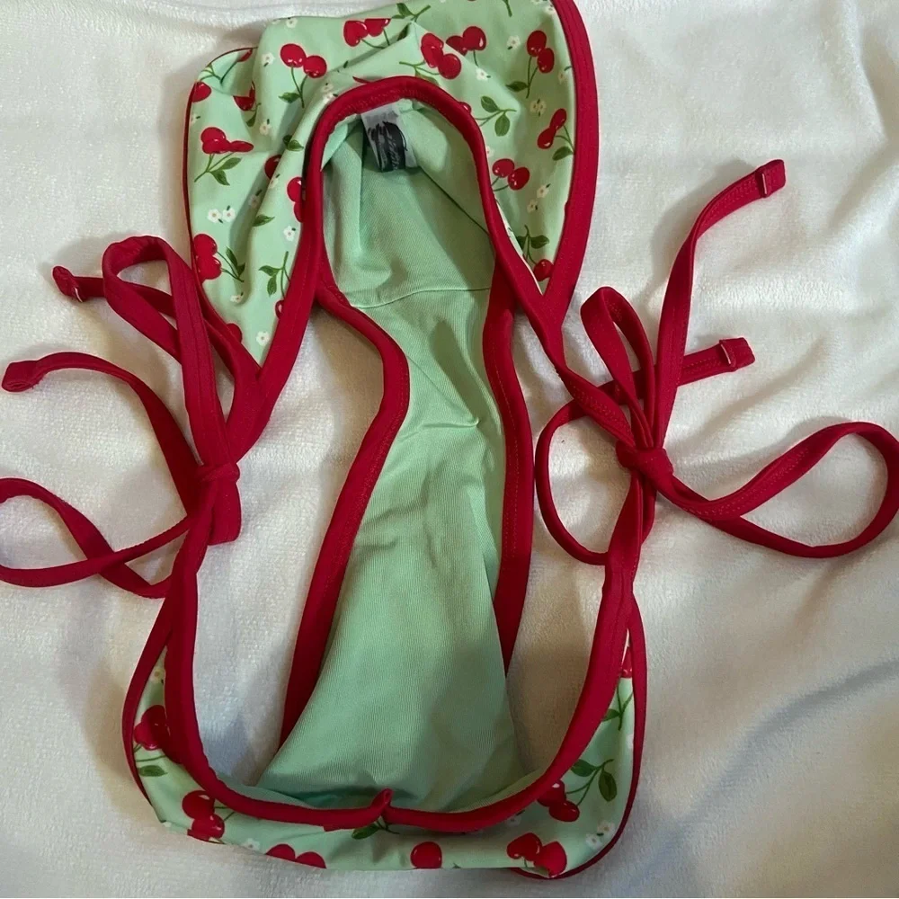 New! Frankie’s Bikinis x Pink Cherry Print Bikini Bottom green 1546